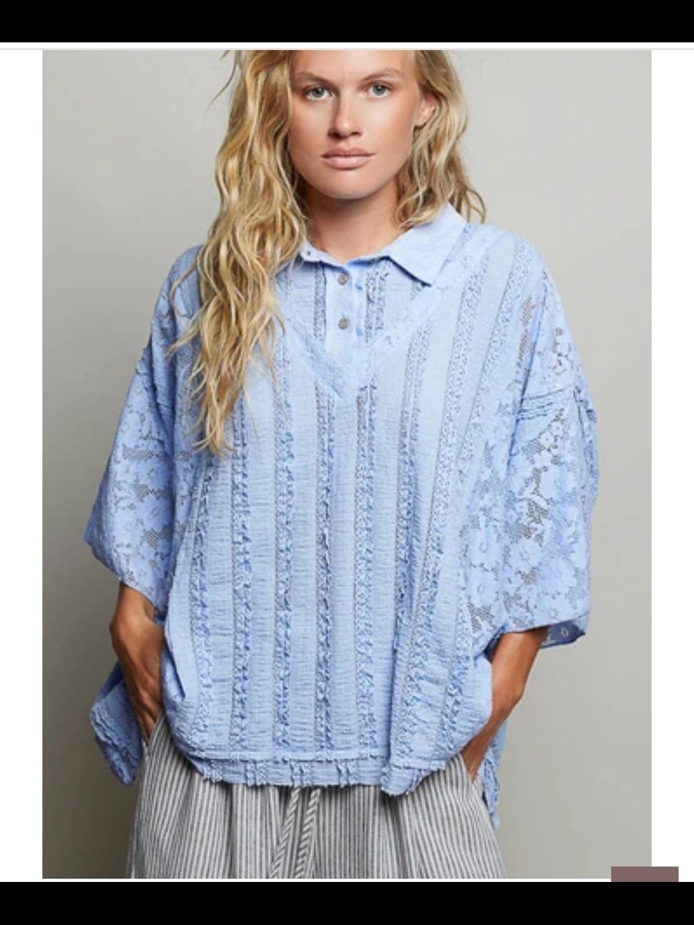 POL OVERSIZED Vintage Lace Collared Poncho Top in Light Blue